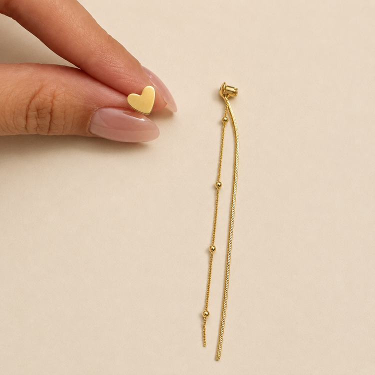 گوشواره استیل قلبی آویز زنجیری طلایی مینیمال - کد 4989-۱-2