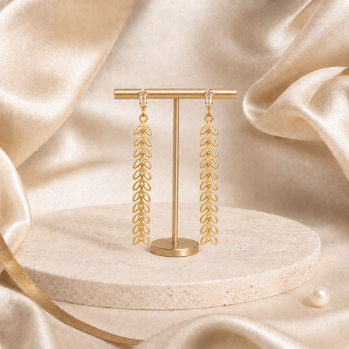 گوشواره استیل آویز گندمی طلایی - کد 4989-2-2